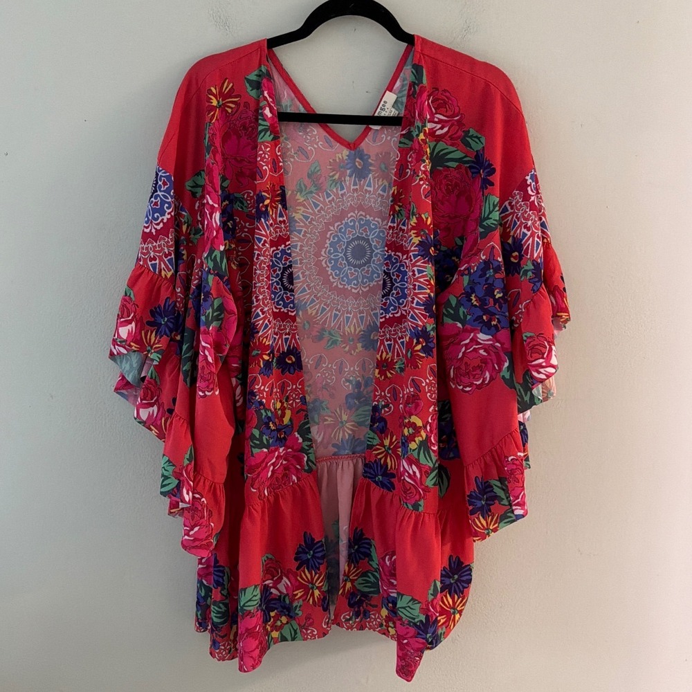 Umgee Women Red Floral Mandala Ruffle Kimono Wrap Cardigan C1626 Size S/M